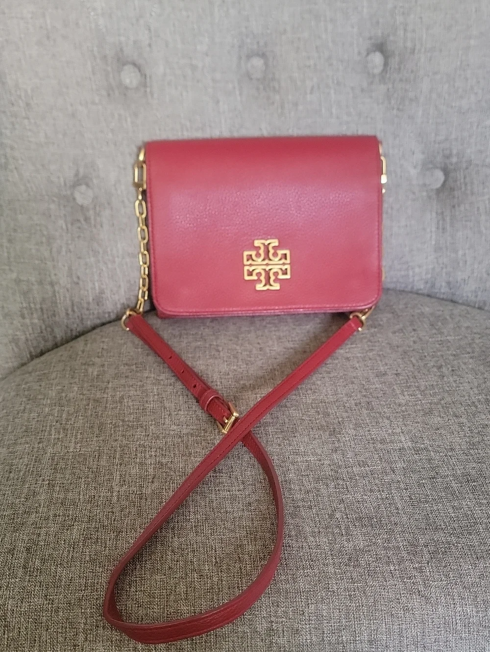 Tory Burch Red Leather Gold Chain Shoulder Bag - Rare Medium Size